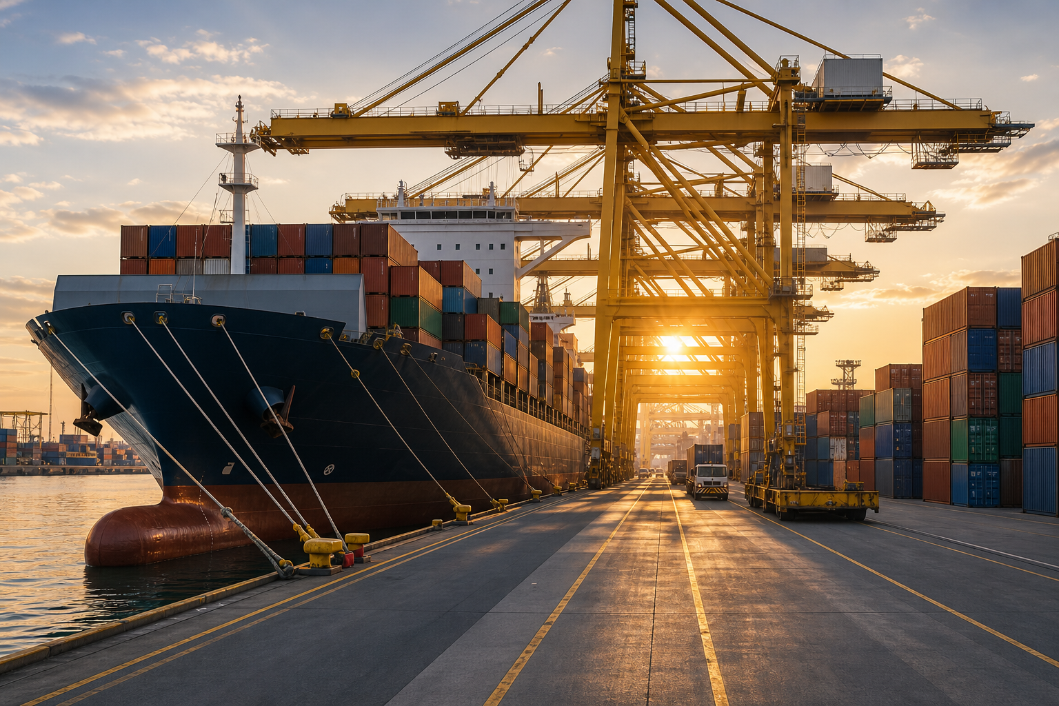 Container ship at a modern port
