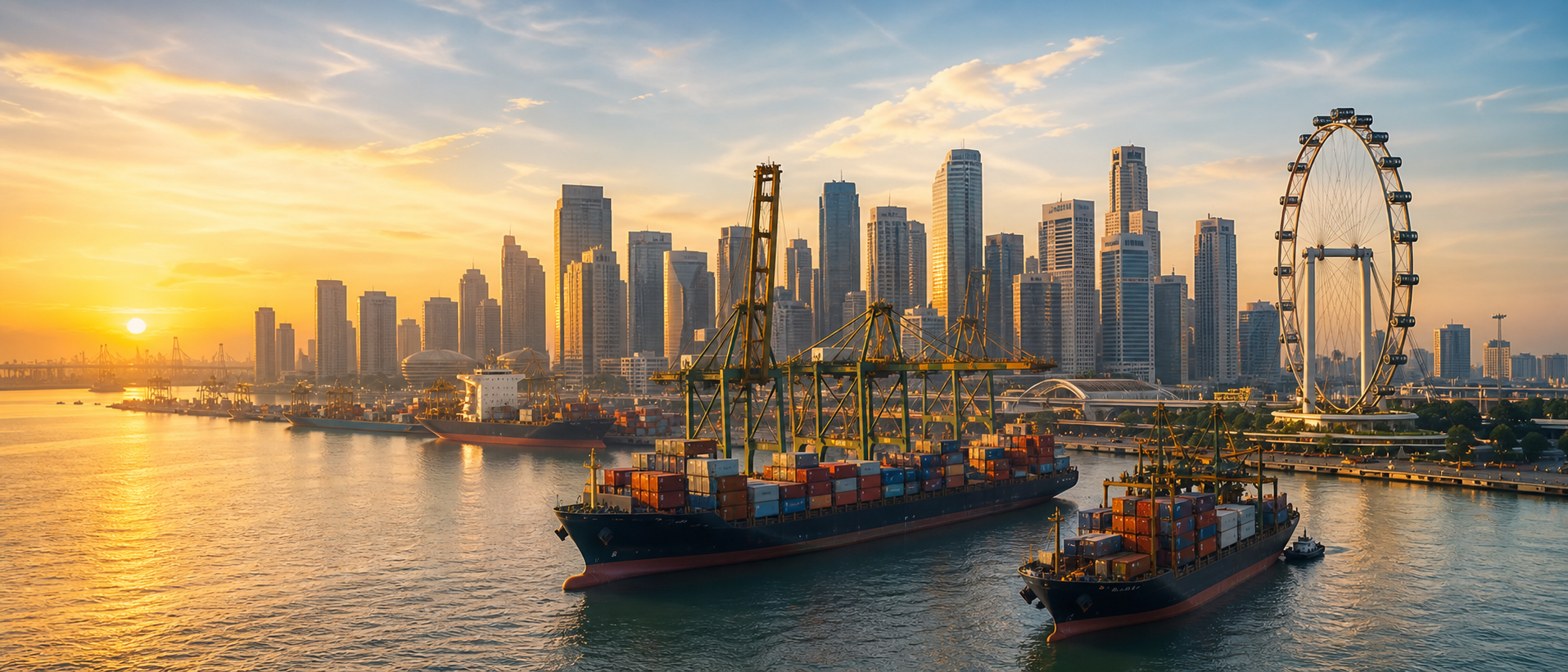 Singapore port and city skyline at sunrise