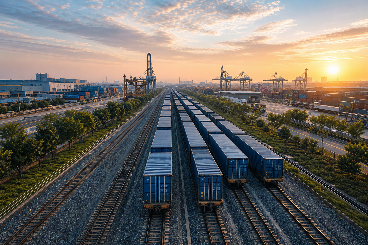 Intermodal rail freight yard at sunrise