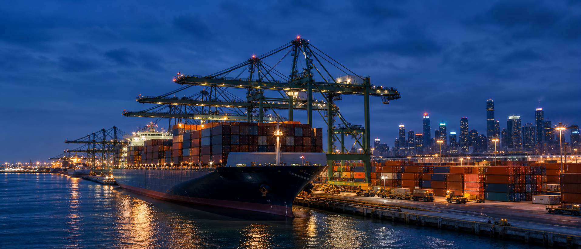 Container terminal at blue hour