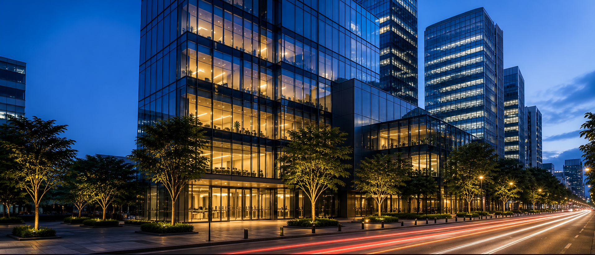 Modern Singapore business complex at blue hour