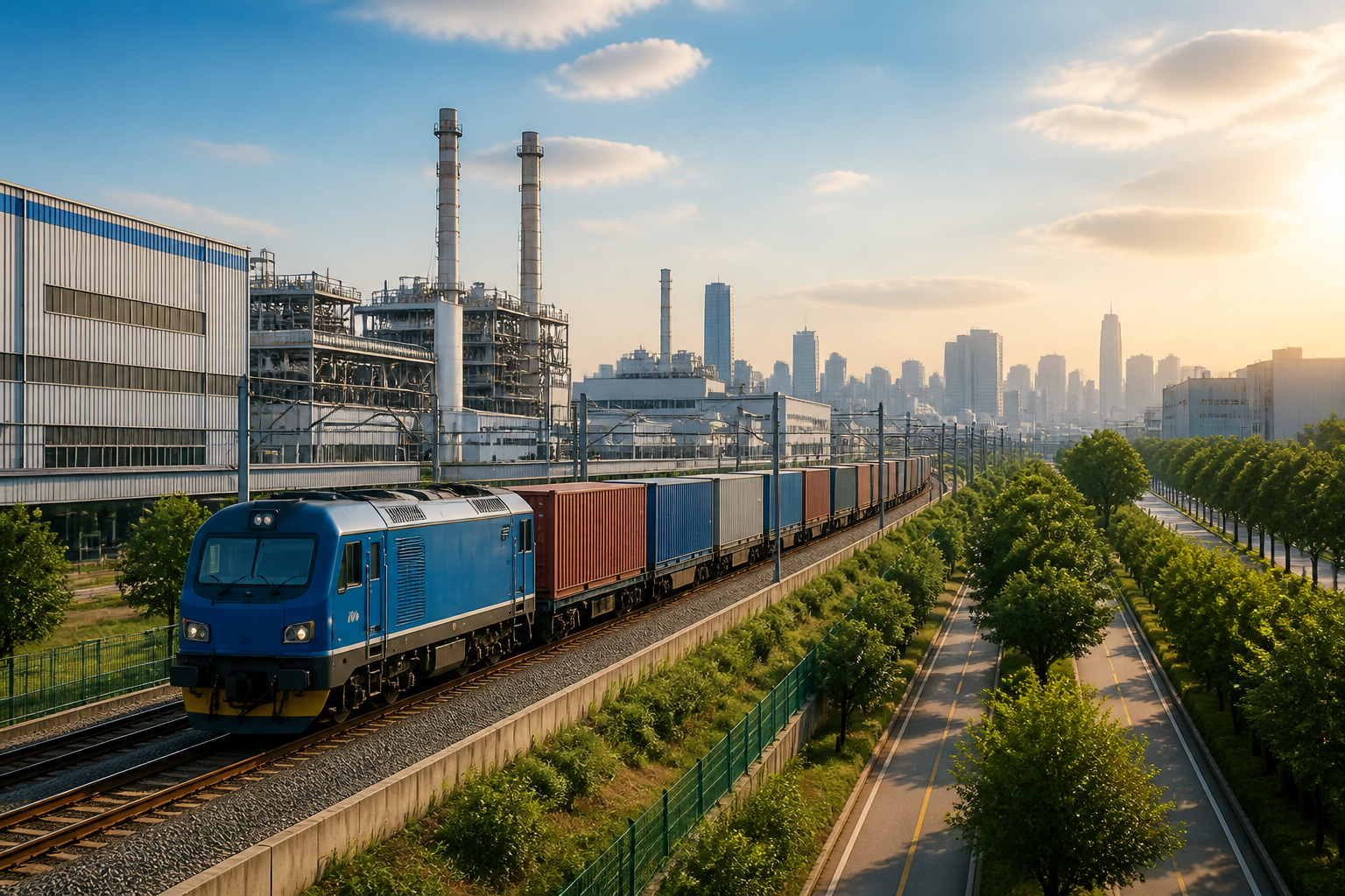 Freight train in an Asian manufacturing corridor