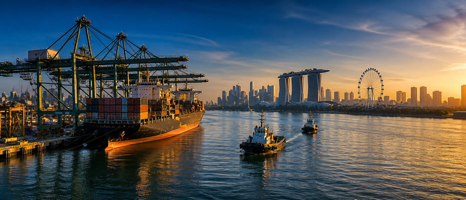 Singapore port and harbor at golden hour