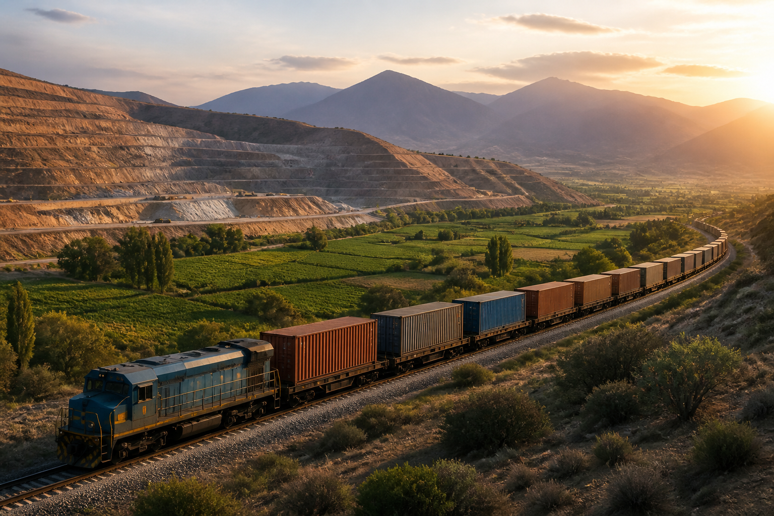 Freight train through mining and agricultural landscape